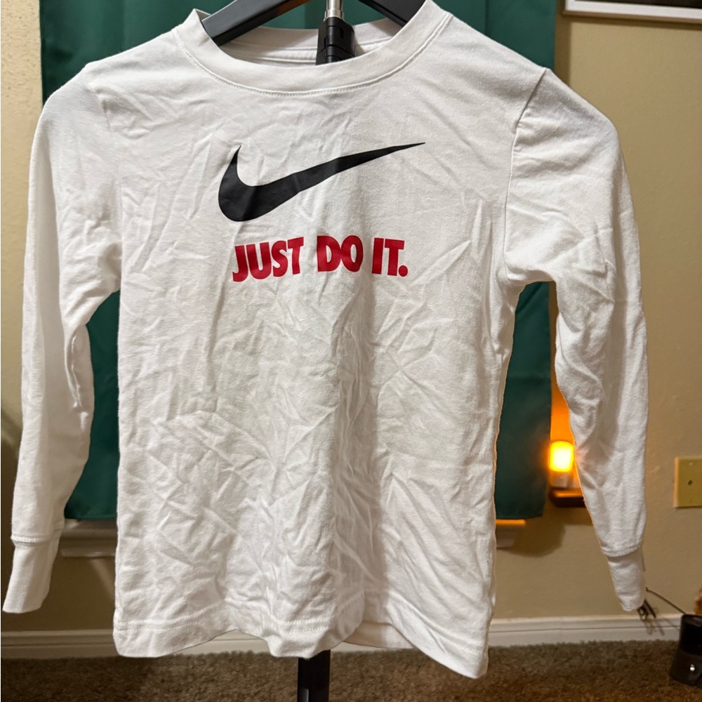 Nike Kids White Long Sleeve Tee with Red Slogan